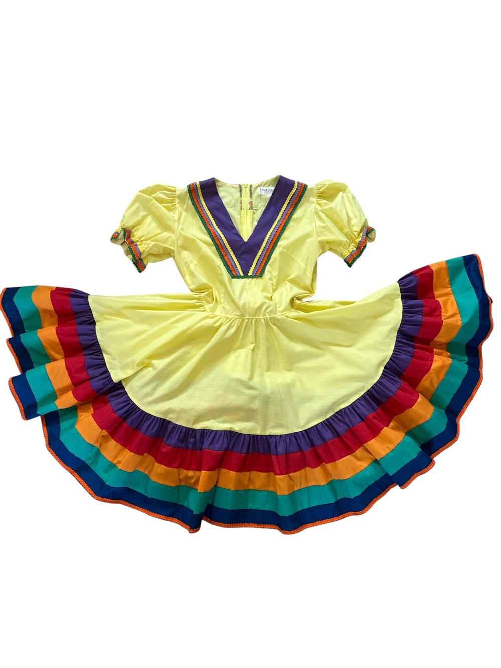 Vintage multicolored square dance circle midi dress yellow size 6